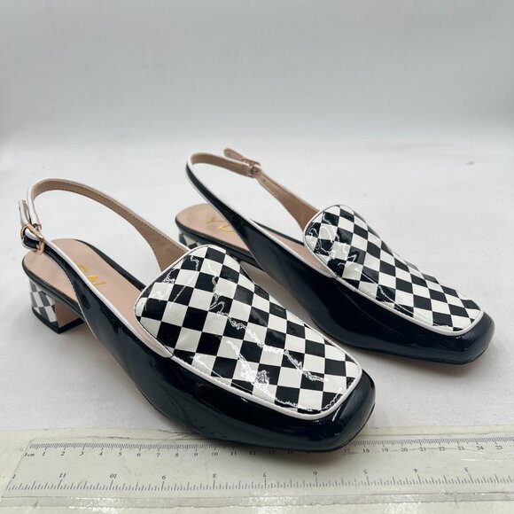 YDN Black And White Checkered Square Toe Block Low Heels Slingback Formal Loafer - Picture 4 of 8